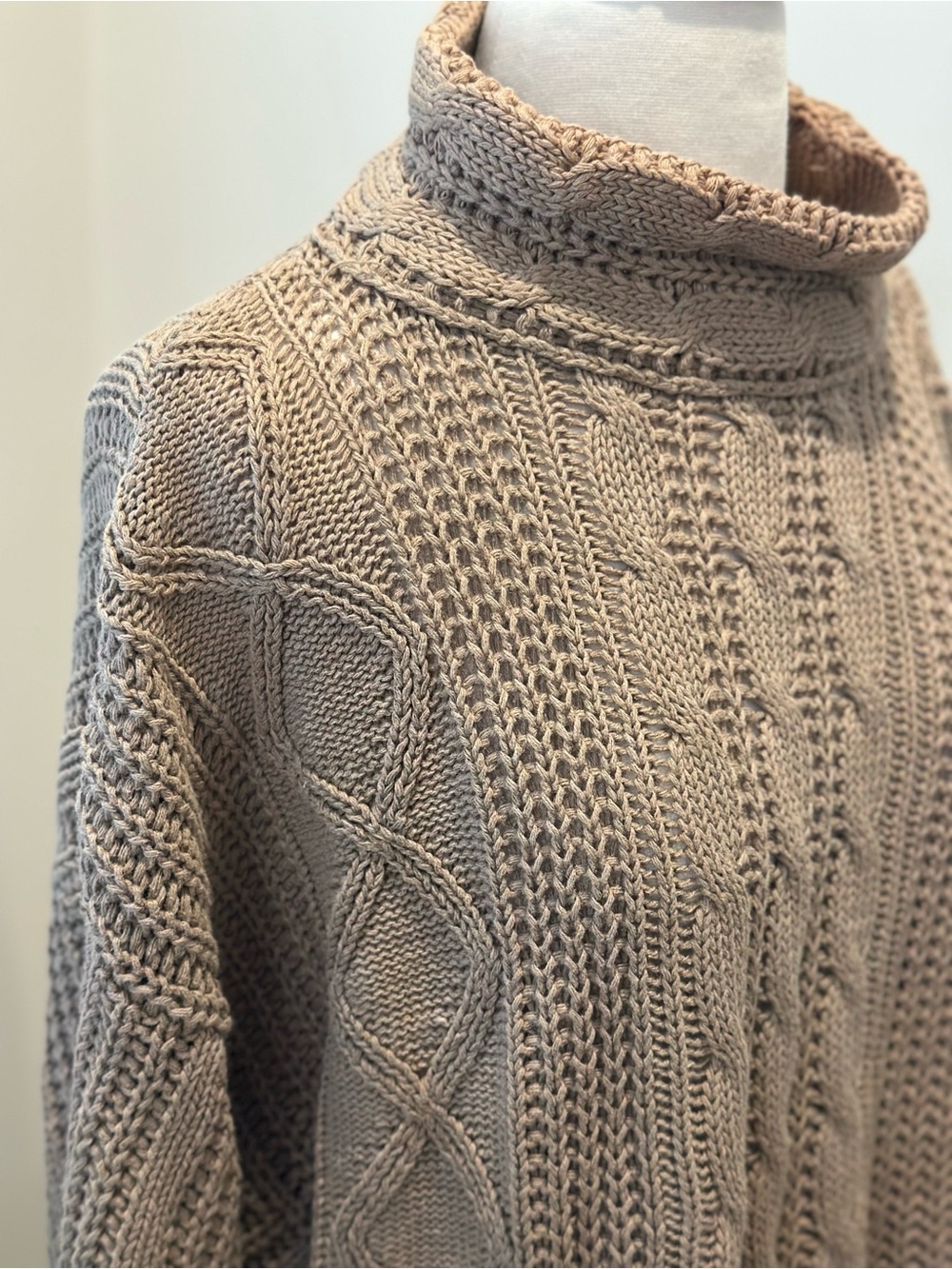 Tarazzia Design Group Cable Knit Cowl Neck Sweater Taupe Ramie Cotton M - Picture 2 of 9